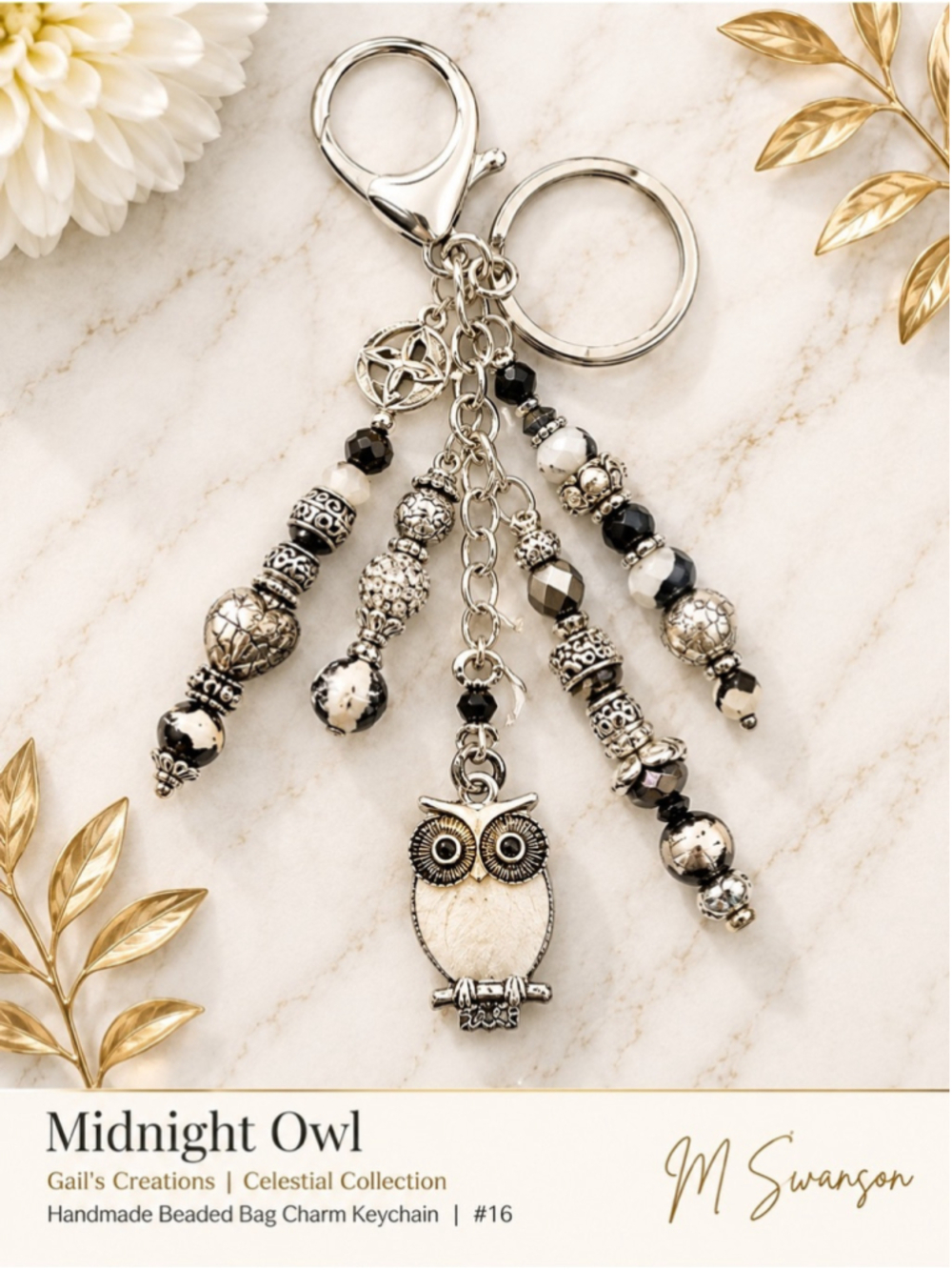 NEW Owl Silver Bag Charm Keychain Handmade One of a Kind Crystal Beads (#1)